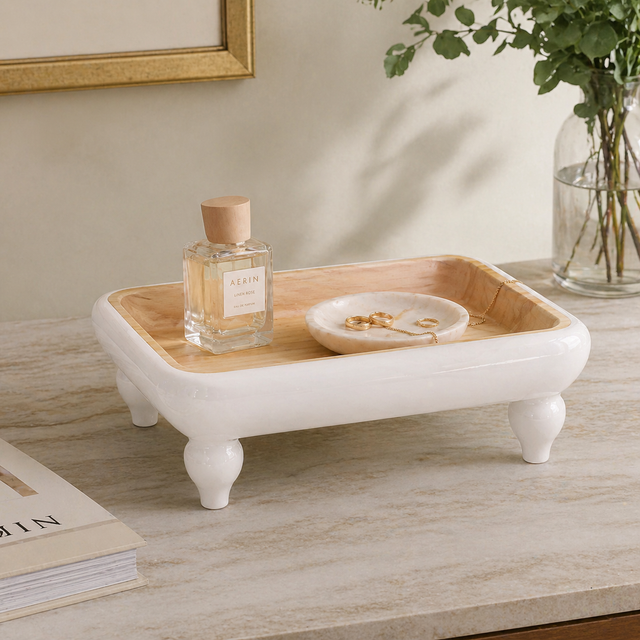14" x 10.25" White Natural Wooden Tray