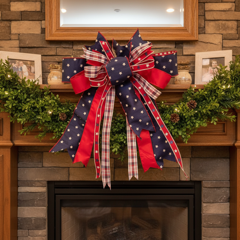 Decorative bow with red, white, and blue on a fireplace mantel with greenery.