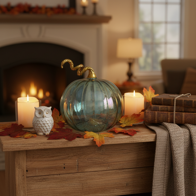 3" Iridescent Teal Blown Glass Tabletop Pumpkin