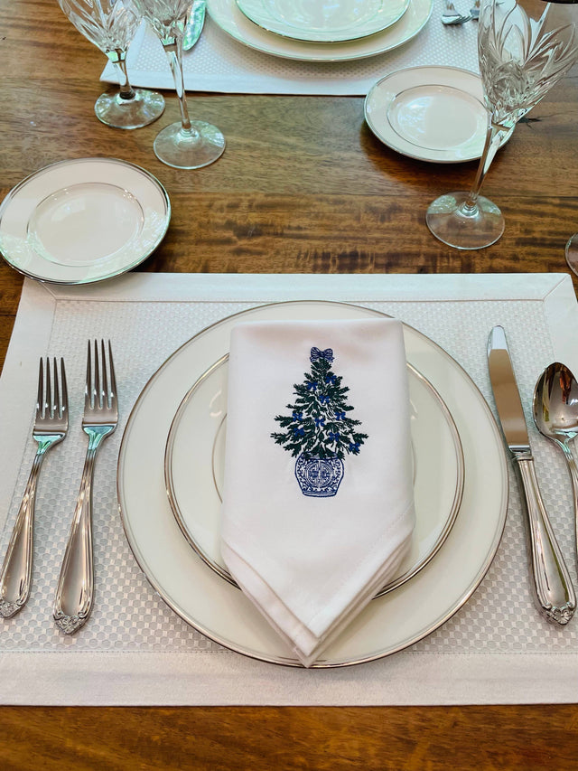 Embroidered Napkin - Single - Chinoiserie Tree Blue Bows
