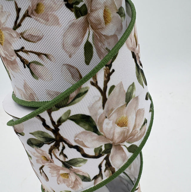 2.5"X10YDS Cream & Green Magnolia Ribbon