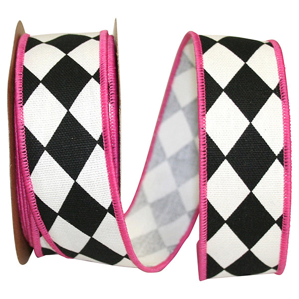 1-3/8"x10YDS Black & Hot Pink Diamond Wired Edge Ribbon