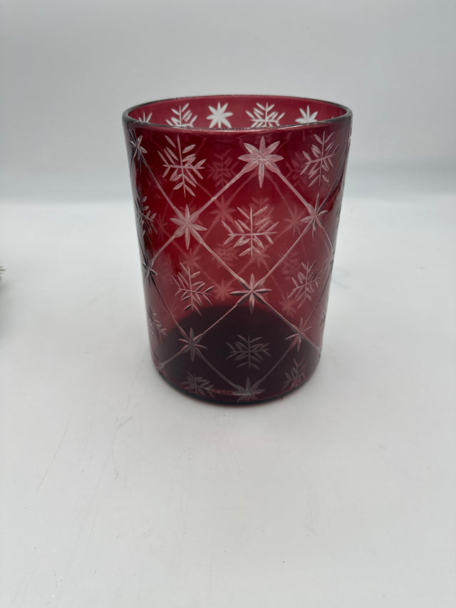8" Cranberry Etched Glass Hurricane Vase