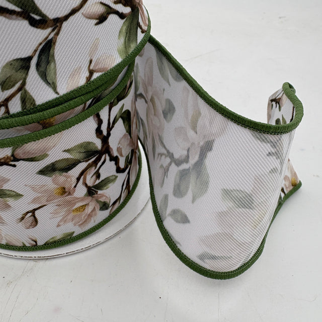 2.5"X10YDS Cream & Green Magnolia Ribbon