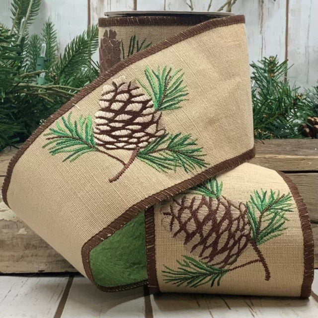 4" x 5 YDS Canvas Embroidered Brown Pinecone Ribbon