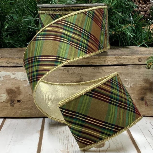 2.5" x 10 YDS Metallic Green & Gold Dupion Abbey Lane Plaid Ribbon