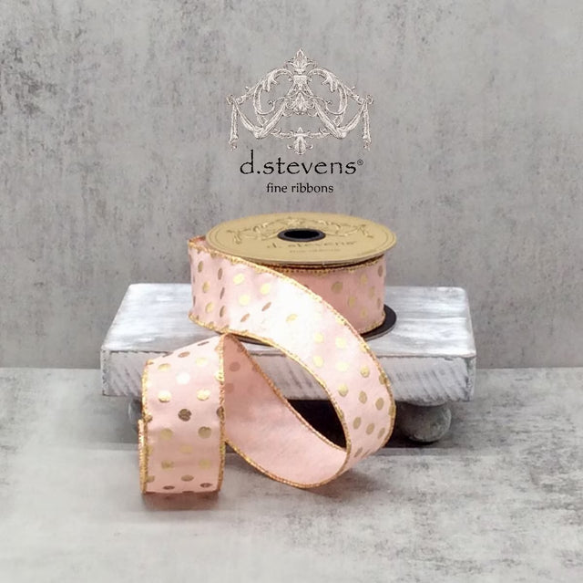 1.5" x 10yds Light Peach Faux Dupioni Ribbon with Gold Metallic Polka Dots