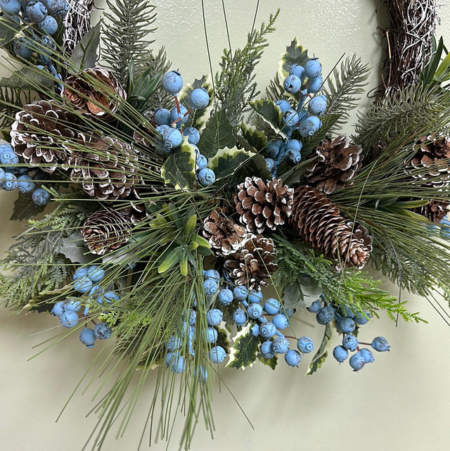 20" Blueberry and Snow Cypress/Cones Vine Designer Wreath
