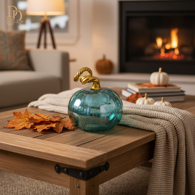 2.8" Iridescent Teal Blown Glass Tabletop Pumpkin