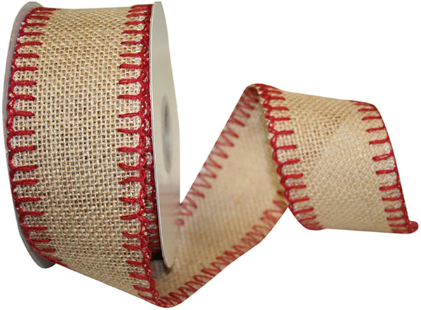 2.5"x10YDS Brown & Red Stitched Burlap Wired Edge Ribbon