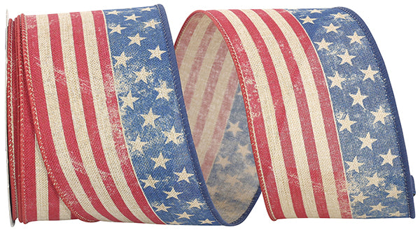 2.5" x 10YDS Continuous Vintage Flag Ribbon | Red, Blue, & Natural