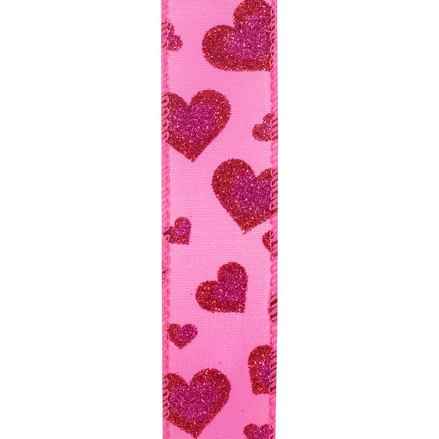 1.5" Pink Satin Glitter Hearts Wired Edge Ribbon | 20 Yards