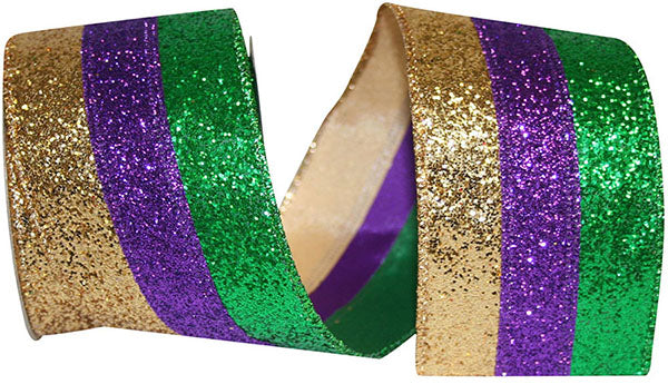 2.5"X5YDS Madri Gras Glitter Stripe Wired Edge Ribbon