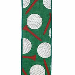 2.5"X10YDS Green Golf Balls & Tees Wired Edge Ribbon