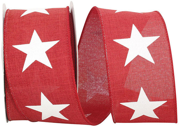 2.5" x 10-yard Large Star Linen Ribbon | Red & White