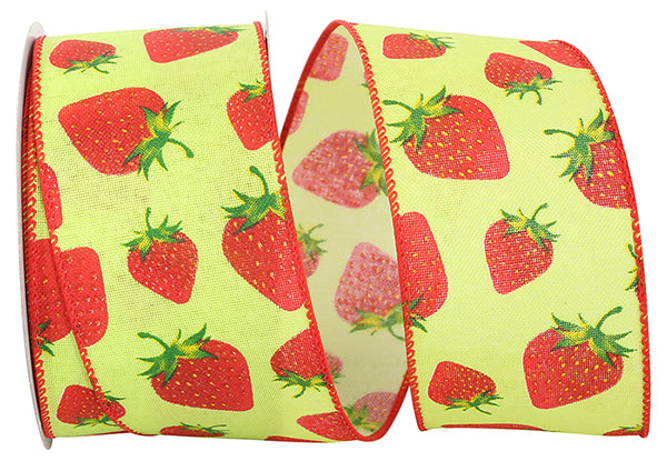 2.5" Lime | Red | Strawberries | Linen Wired Edge Ribbon | 10 Yards