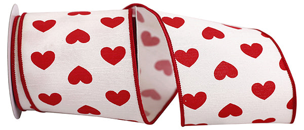 4" White | Red Hearts | Dupioni Wired Edge Ribbon | 5 Yards