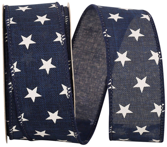 1.5" x 20 Yards Stars Tossed Linen Ribbon | Navy or Red