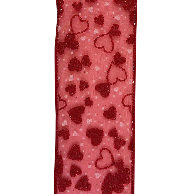 2.5" Red Sheer Glitter & White Hearts Wired Ribbon | 20 Yards