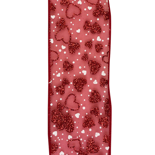 2.5" Red Sheer Glitter & White Hearts Wired Ribbon | 20 Yards