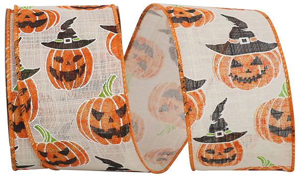 2.5" x 10 YDS Jack-O-Lantern Linen Touch Ribbon | Orange, Black, Natural