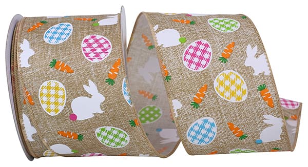 2.5" Natural Bunny, Egg and Carrot | Linen Wired Edge Ribbon | 10 Yards