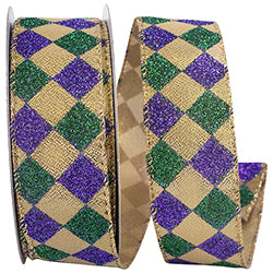 1-1/2"X10YDS Madri Gras Diamond Glitter Metallic Wired Edge Ribbon