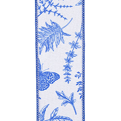2.5"X10YDS White&Blue Ferns & Branches Wired Edge Ribbon