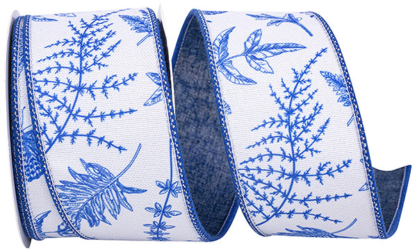 2.5"X10YDS White&Blue Ferns & Branches Wired Edge Ribbon