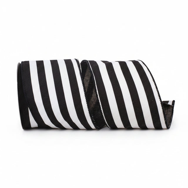 4" x 5YDS Black & White | Horizontal Striped Canvas | Deluxe Wired Edge Ribbon