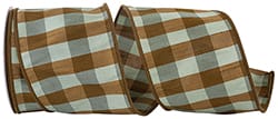 4"x10 Yards Aspen Dupioni Check Wired Edge Ribbon | Brown Blue Celadon