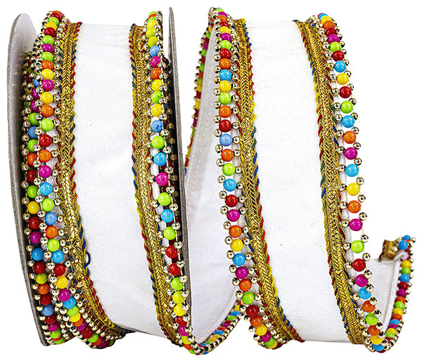 2.5" White | Beaded Candy | Deluxe Wired Edge Ribbon | 5 Yards