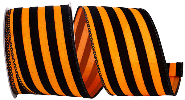 2.5" x 10 YDS Halloween Stripes Flocked Wired Ribbon | Orange & Black