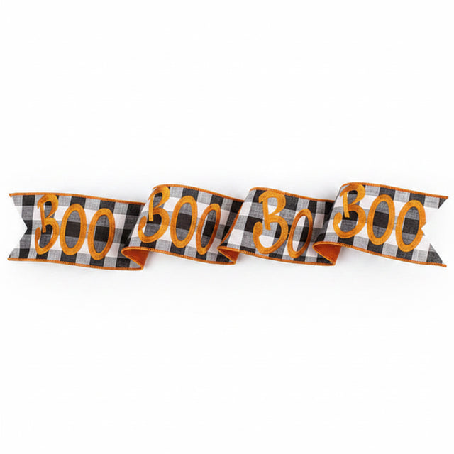 4"x5YDS "Boo" Embroidered Buffalo Dupioni Check Ribbon