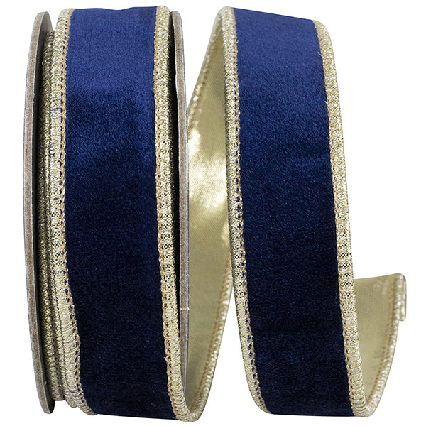 1" Navy-Gold Velvet Plush Royale Gold Backed Wired Edge Ribbon- 5 Yards