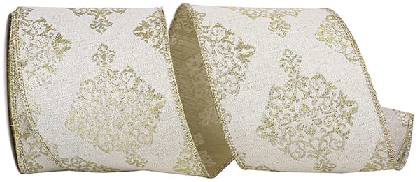 4" Platinum Lux Brocade Crest Wired Edge Ribbon- 10 Yards