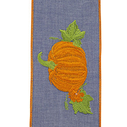4" x 5 Yards Denim Pumpkin Embroidered Ribbon | Wired Edge