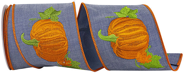 4" x 5 Yards Denim Pumpkin Embroidered Ribbon | Wired Edge