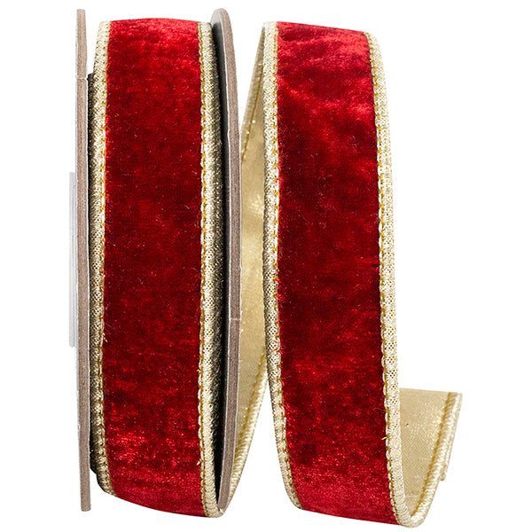 1" Red Velvet Plush Wired Metallic Gold Back Ribbon- 5 Yards