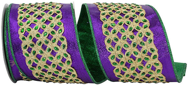 4"X5YDS Mardi Gras Jewel Embroidery Deluxe Metallic Wired Edge Ribbon
