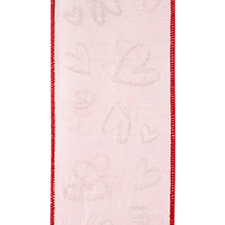 4" Pink | Hearts Embroidered | Dupioni Deluxe | Wired Edge Ribbon | 5 Yards
