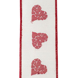 2.5" White | Red | Hearts Mosaic Embroidered | Dupioni Deluxe | Wired Edge Ribbon | 5 yards