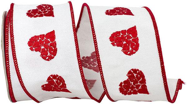 2.5" White | Red | Hearts Mosaic Embroidered | Dupioni Deluxe | Wired Edge Ribbon | 5 yards
