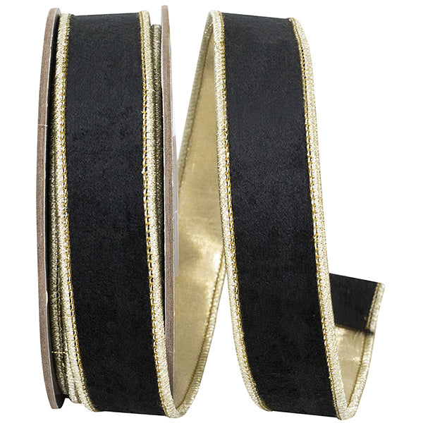 1" Black Velvet Deluxe Metallic Dupioni Backed Wired Edge Ribbon- 5 Yards