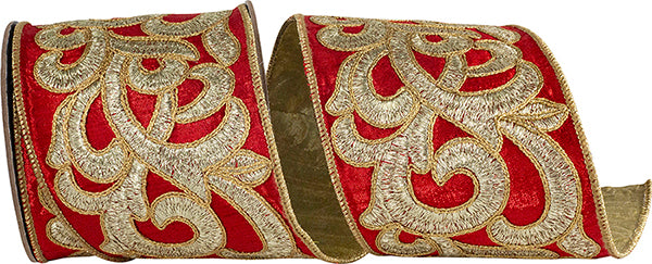 4" x 5 Yards Red/Gold Scroll Embroidery Deluxe Metallic Dupioni Ribbon