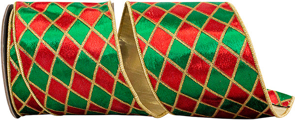 2.5"|4" x 5YDS Green & Red Diamond Velvet Metallic Dupioni Backed Ribbon