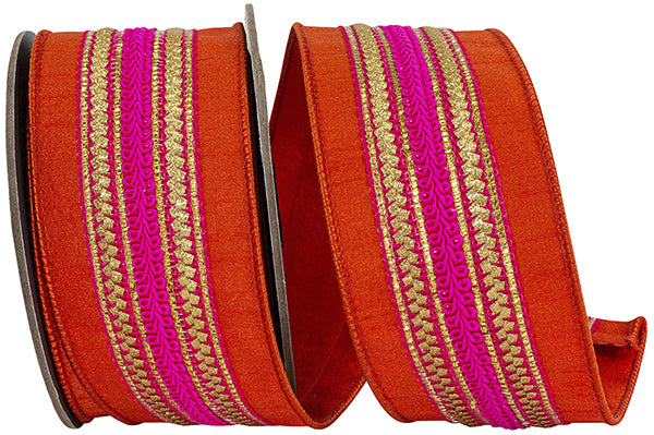 2.5"x5YDSRegal Stripe Orange Trimming Dupioni Ribbon | Orange Hot Pink