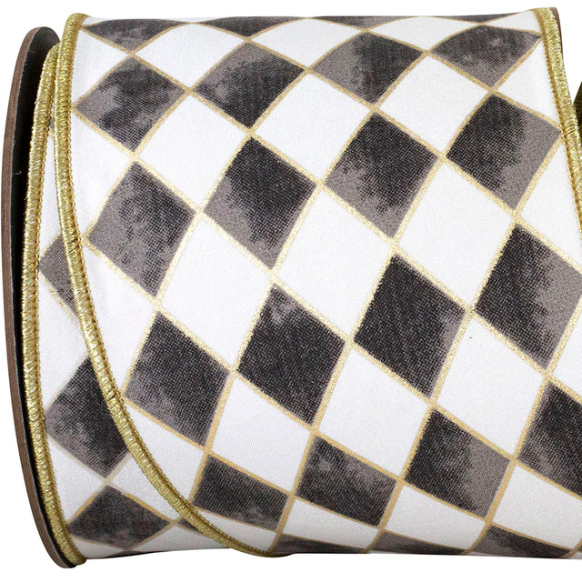 4"x10YDS Harlequin Diamond Gilded Deluxe Outline Ribbon | Black, White, Gold