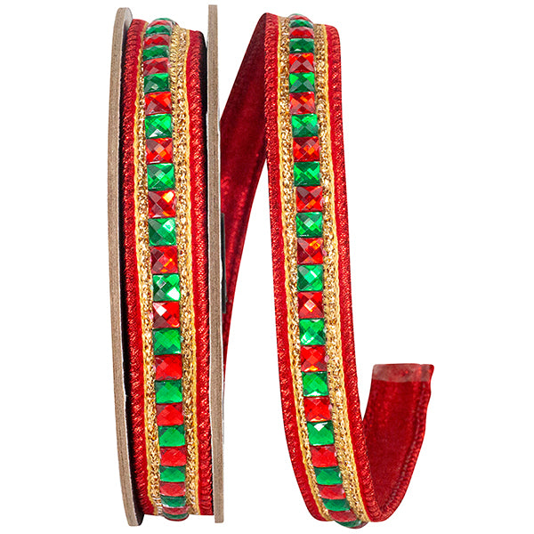 7/8" x 5 YDS Red & Green Sumptuous Jewel Accent Metallic Backed Ribbon