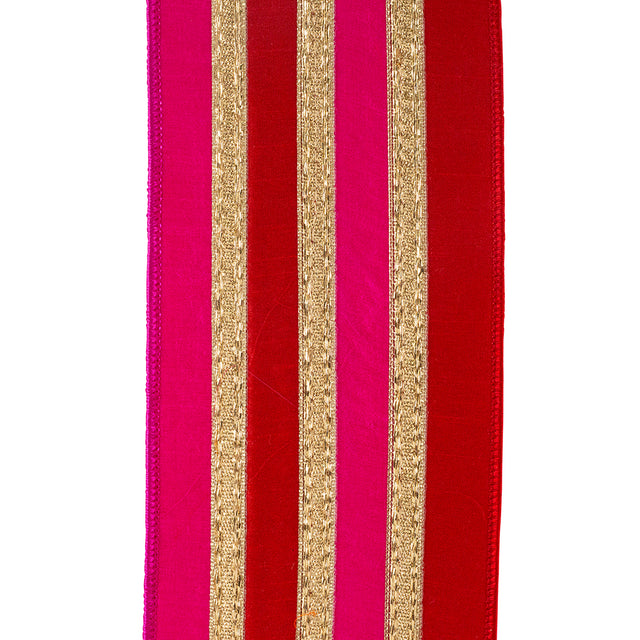 4" x 5 YDS Stripe Trimming Overlay Red/Fuchsia Dupioni Deluxe Ribbon